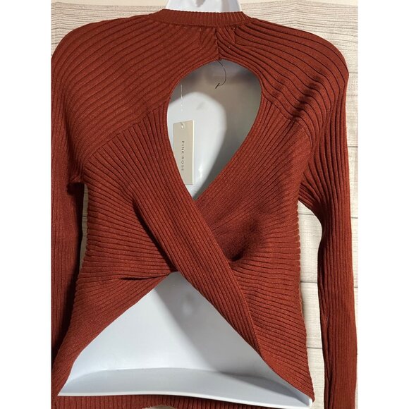 Pink Rose Open Back Rust Knit Sweater Large Ribbed Crewneck Long Sleeve - Picture 4 of 9